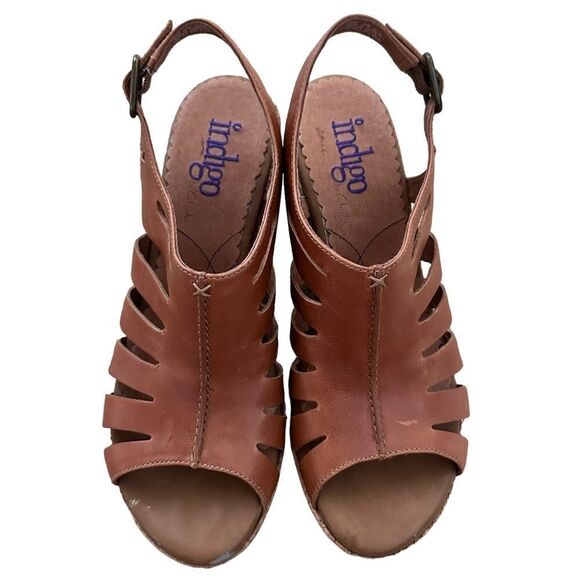 Indigo by Clarks ~ Caramel Brown Leather Sandals ~ size 9.5 ~ Cork Wedge Sandal - Picture 1 of 12